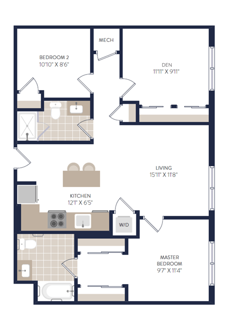Floor plan for 2 beds, 2 baths, 964 sqft